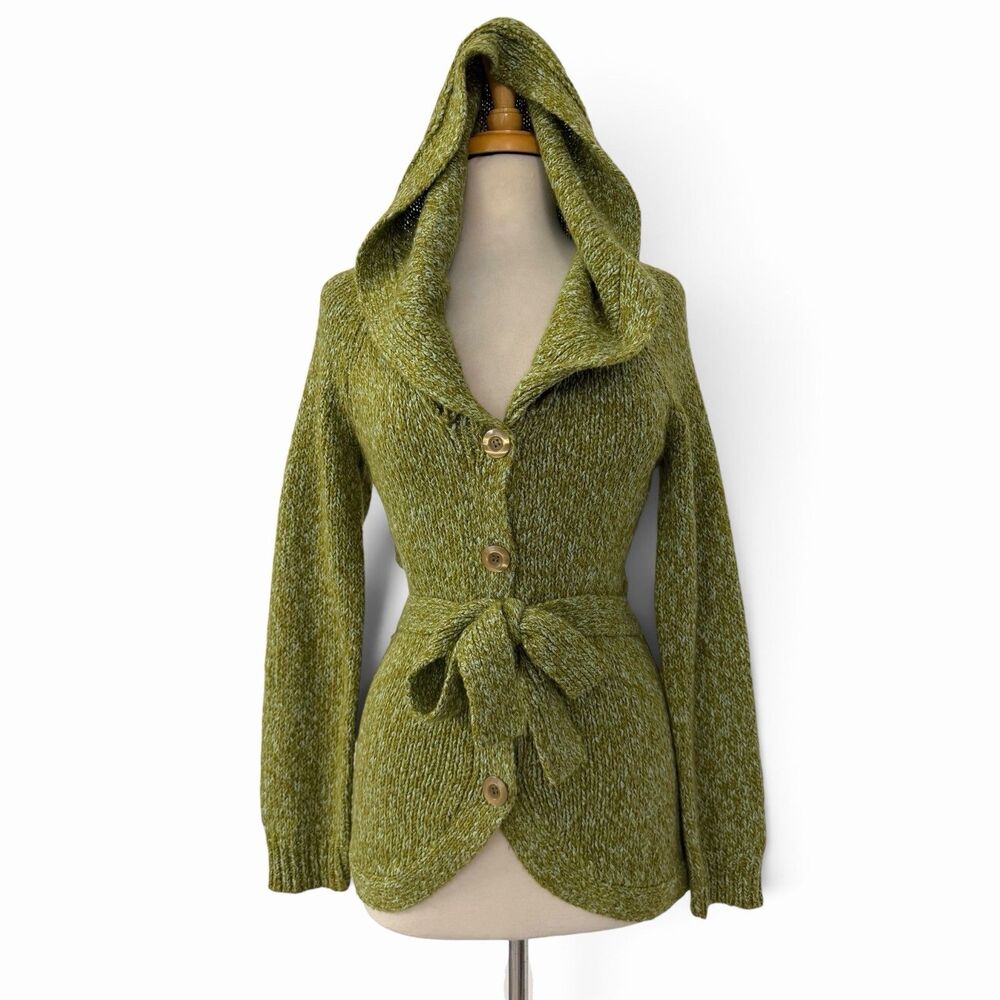 Sleeping On Snow Marled Green Belted Cardigan Sweater Hooded Cottagecore XS